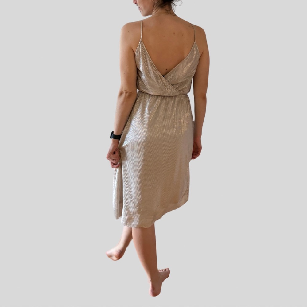Dynamite Champagne crossover dress with cinched waist dress and spaghetti straps